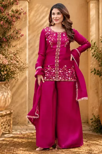Women floral embroidered regular thread work kurta with palazzo & with dupatta