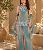 Women ethnic motifs embroidered regular thread work kurta with palazzo & with dupatta