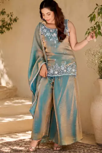 Women ethnic motifs embroidered regular thread work kurta with palazzo & with dupatta