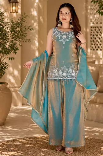Women ethnic motifs embroidered regular thread work kurta with palazzo & with dupatta