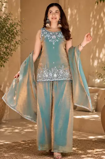 Women ethnic motifs embroidered regular thread work kurta with palazzo & with dupatta
