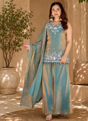 Women ethnic motifs embroidered regular thread work kurta with palazzo & with dupatta 5