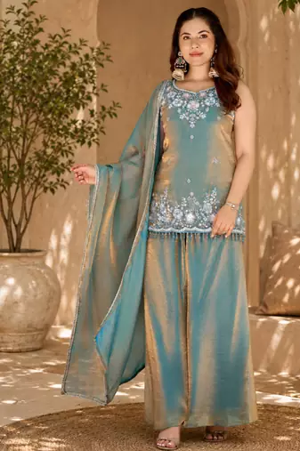Women ethnic motifs embroidered regular thread work kurta with palazzo & with dupatta