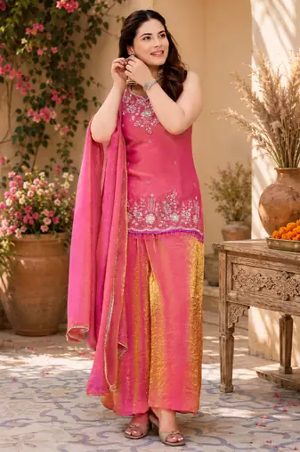 Women ethnic motifs embroidered regular thread work kurta with palazzo & with dupatta