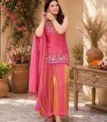 Women ethnic motifs embroidered regular thread work kurta with palazzo & with dupatta