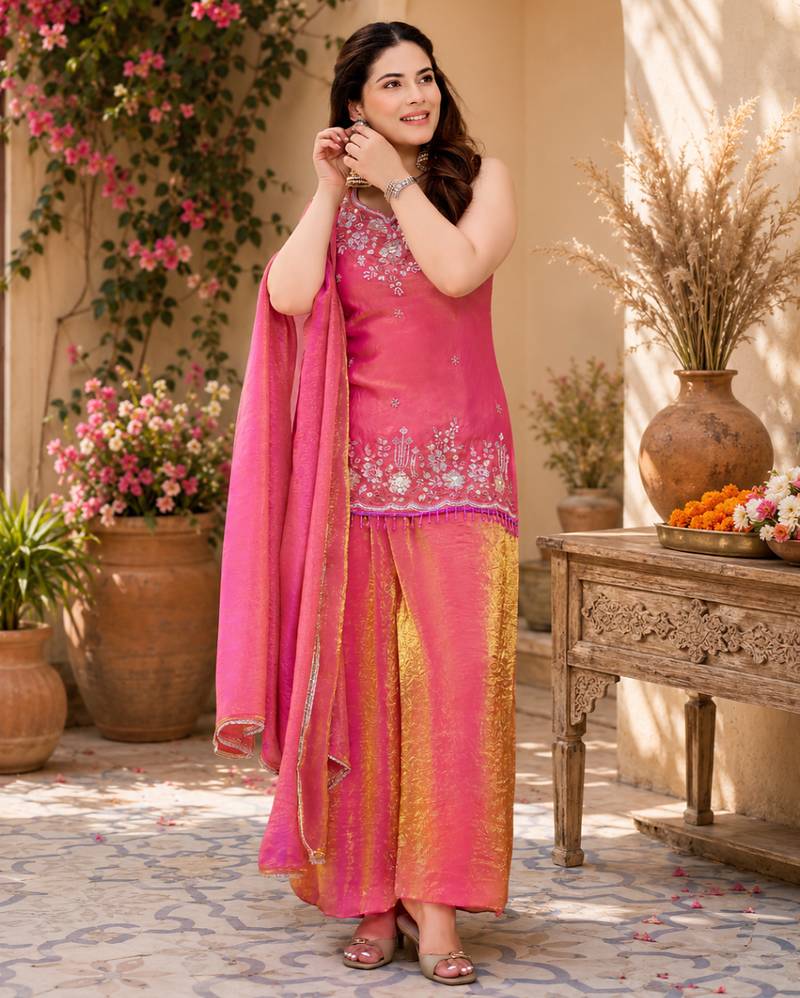 Women ethnic motifs embroidered regular thread work kurta with palazzo & with dupatta