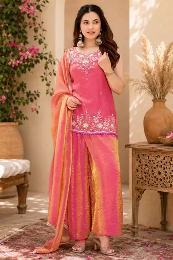 Women ethnic motifs embroidered regular thread work kurta with palazzo & with dupatta