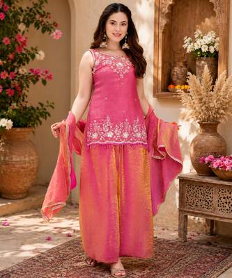 Women ethnic motifs embroidered regular thread work kurta with palazzo & with dupatta 3