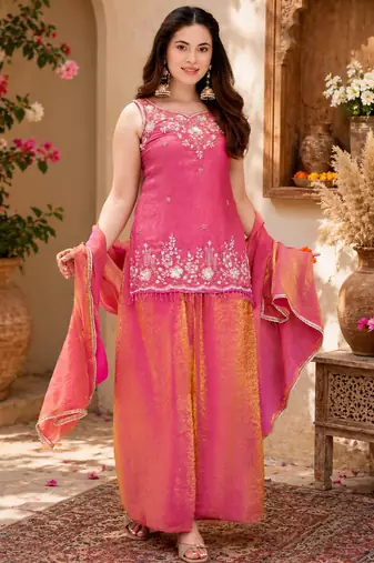 Women ethnic motifs embroidered regular thread work kurta with palazzo & with dupatta