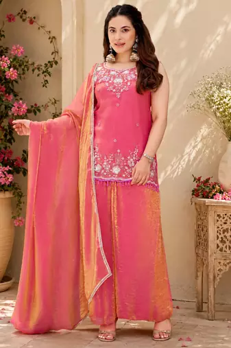 Women ethnic motifs embroidered regular thread work kurta with palazzo & with dupatta