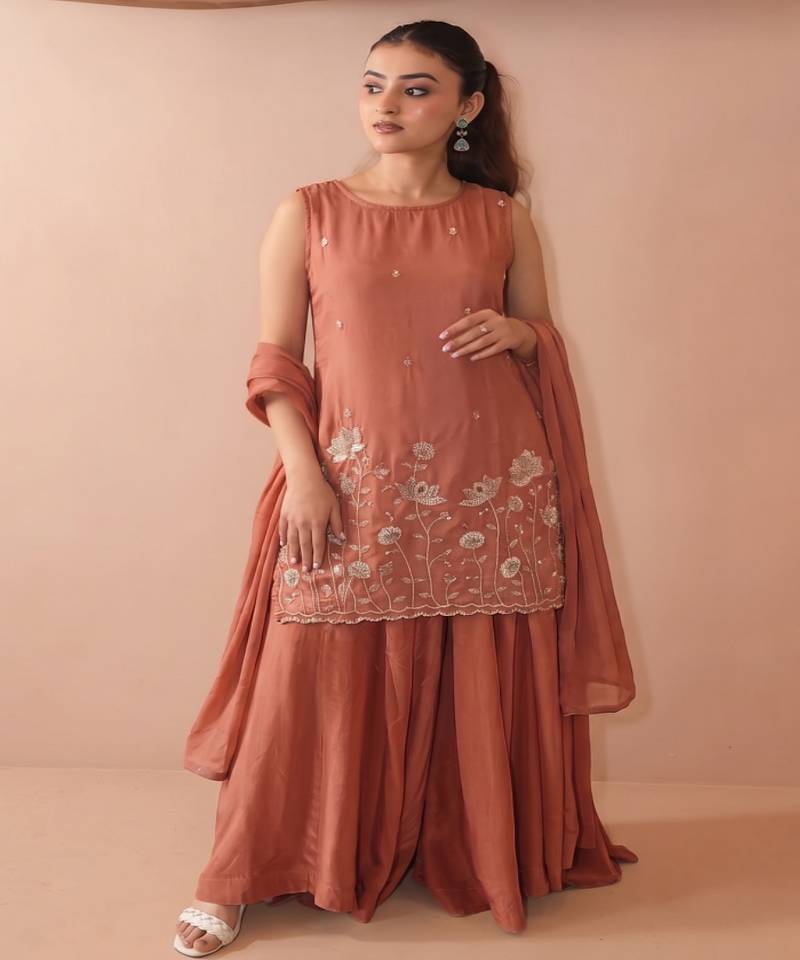 Women floral embroidered regular sequinned silk crepe kurta with sharara & with dupatta