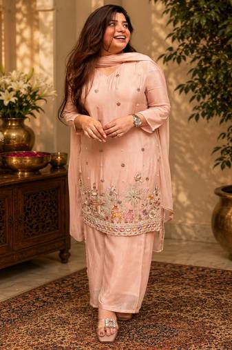 Women ethnic motifs embroidered regular thread work kurta with palazzo & with dupatta