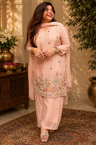 Women ethnic motifs embroidered regular thread work kurta with palazzo & with dupatta