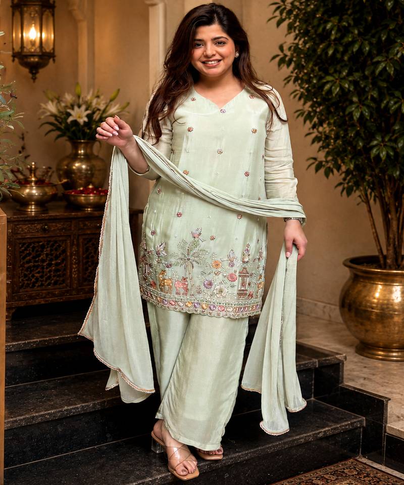 Women ethnic motifs embroidered regular thread work kurta with palazzo & with dupatta