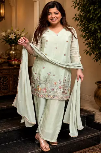 Women ethnic motifs embroidered regular thread work kurta with palazzo & with dupatta