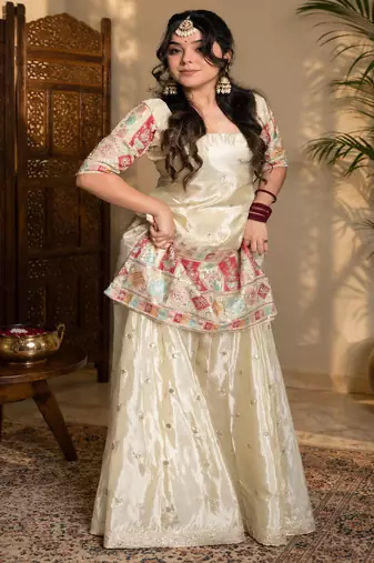 Women ethnic motifs embroidered regular thread work kurta with sharara & with dupatta