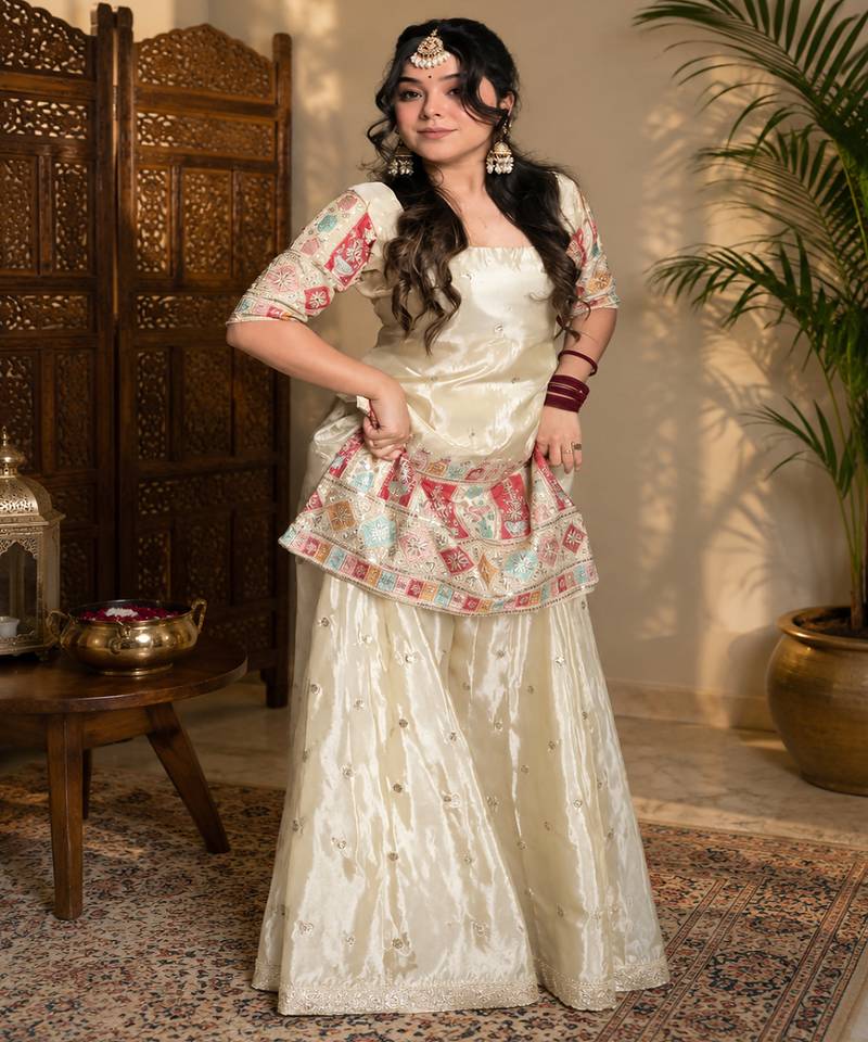 Women ethnic motifs embroidered regular thread work kurta with sharara & with dupatta