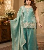 Women ethnic motifs embroidered regular thread work kurta with palazzo & with dupatta