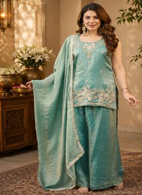Women ethnic motifs embroidered regular thread work kurta with palazzo & with dupatta 2