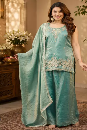 Women ethnic motifs embroidered regular thread work kurta with palazzo & with dupatta