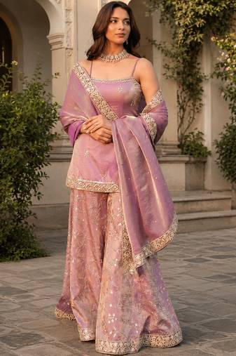 Women ethnic motifs embroidered regular kurta with sharara & with dupatta