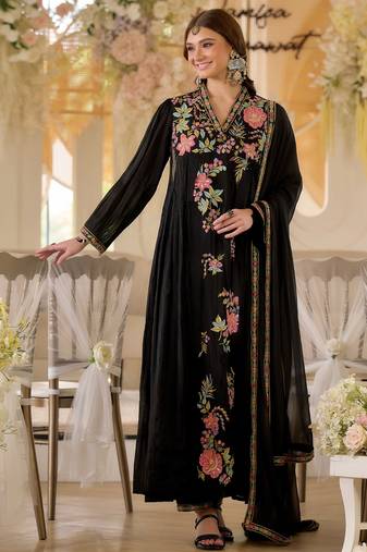 Women floral embroidered empire thread work kurta with palazzo & with dupatta