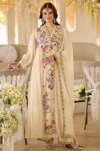 Women floral embroidered empire thread work kurta with palazzo & with dupatta