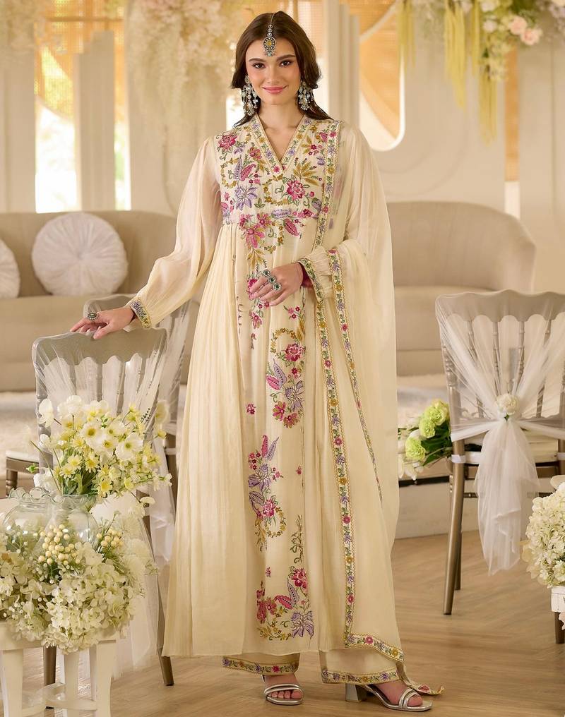 Women floral embroidered empire thread work kurta with palazzo & with dupatta