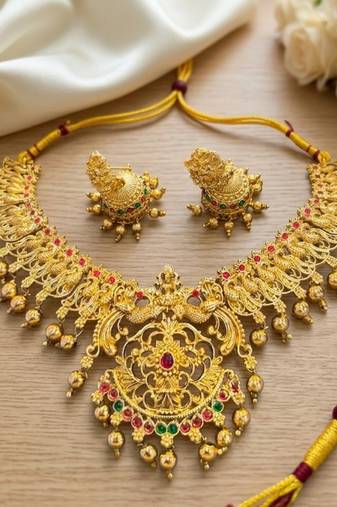 Gold plated south indian temple jewelry set-traditional festive necklace with earrings-bollywood style ethnic set