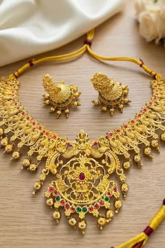 Gold plated south indian temple jewelry set-traditional festive necklace with earrings-bollywood style ethnic set