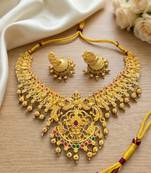 Gold plated south indian temple jewelry set-traditional festive necklace with earrings-bollywood style ethnic set