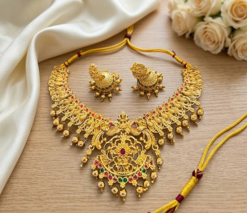 Gold plated south indian temple jewelry set-traditional festive necklace with earrings-bollywood style ethnic set