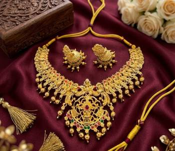 Gold plated south indian temple jewelry set-traditional festive necklace with earrings-bollywood style ethnic set 2