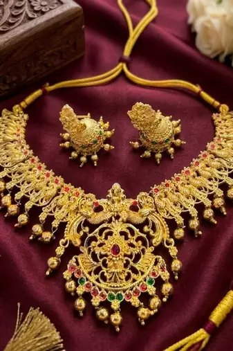 Gold plated south indian temple jewelry set-traditional festive necklace with earrings-bollywood style ethnic set
