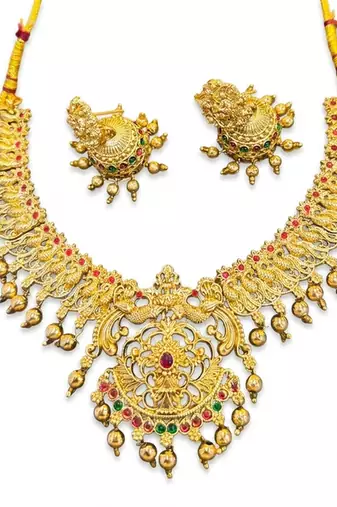Gold plated south indian temple jewelry set-traditional festive necklace with earrings-bollywood style ethnic set