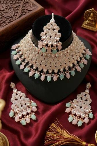 Kundan bridal choker jewelry set with  beads | indian wedding necklace, drop earrings & maang tikka