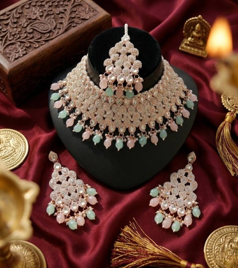 Kundan bridal choker jewelry set with  beads | indian wedding necklace, drop earrings & maang tikka