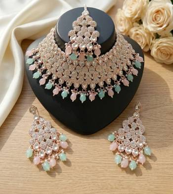 Kundan bridal choker jewelry set with  beads | indian wedding necklace, drop earrings & maang tikka 2