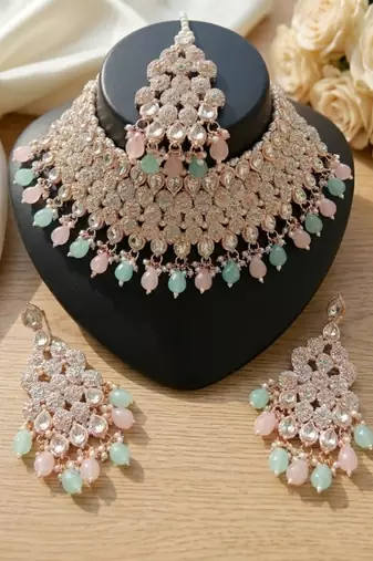 Kundan bridal choker jewelry set with  beads | indian wedding necklace, drop earrings & maang tikka