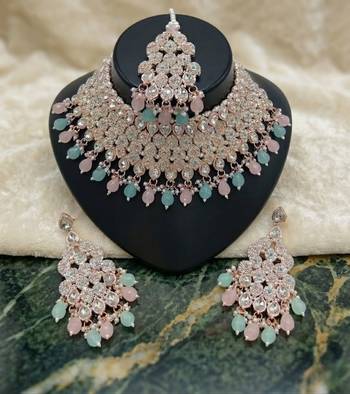 Kundan bridal choker jewelry set with  beads | indian wedding necklace, drop earrings & maang tikka 3