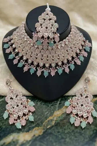 Kundan bridal choker jewelry set with  beads | indian wedding necklace, drop earrings & maang tikka