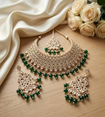 Kundan bridal choker jewelry set with  beads | indian wedding necklace, drop earrings & maang tikka 1