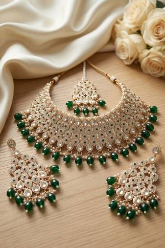Kundan bridal choker jewelry set with  beads | indian wedding necklace, drop earrings & maang tikka