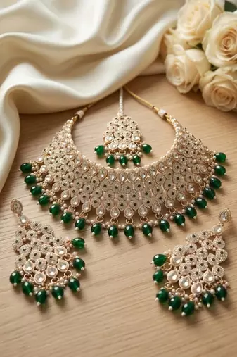 Kundan bridal choker jewelry set with  beads | indian wedding necklace, drop earrings & maang tikka