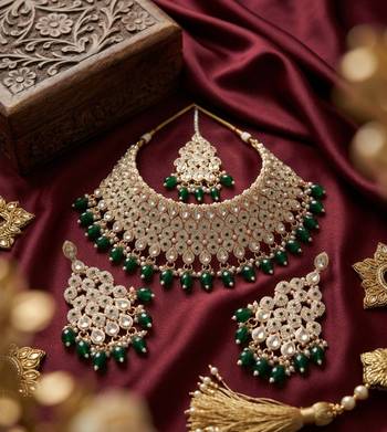Kundan bridal choker jewelry set with  beads | indian wedding necklace, drop earrings & maang tikka 2