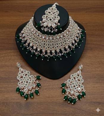 Kundan bridal choker jewelry set with  beads | indian wedding necklace, drop earrings & maang tikka 3