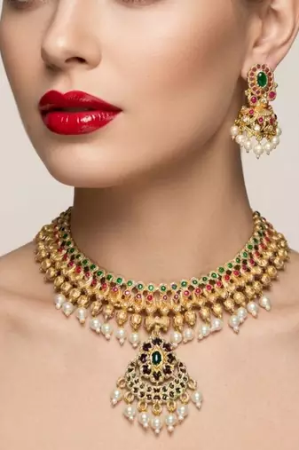 Gold plated south indian temple traditional indian jewelry set bollywood style bridal wedding choker set festive wear
