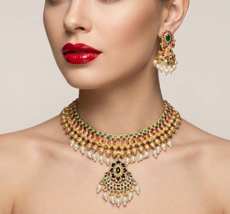 Gold plated south indian temple traditional indian jewelry set bollywood style bridal wedding choker set festive wear