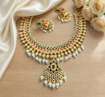 Gold plated south indian temple traditional indian jewelry set bollywood style bridal wedding choker set festive wear 2