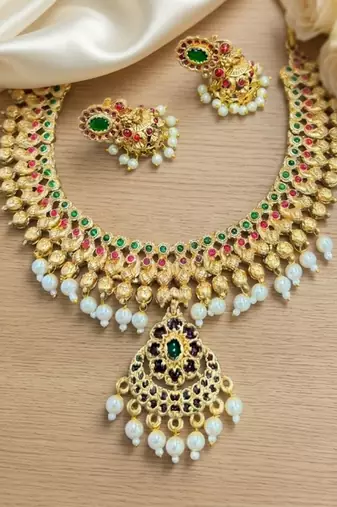 Gold plated south indian temple traditional indian jewelry set bollywood style bridal wedding choker set festive wear